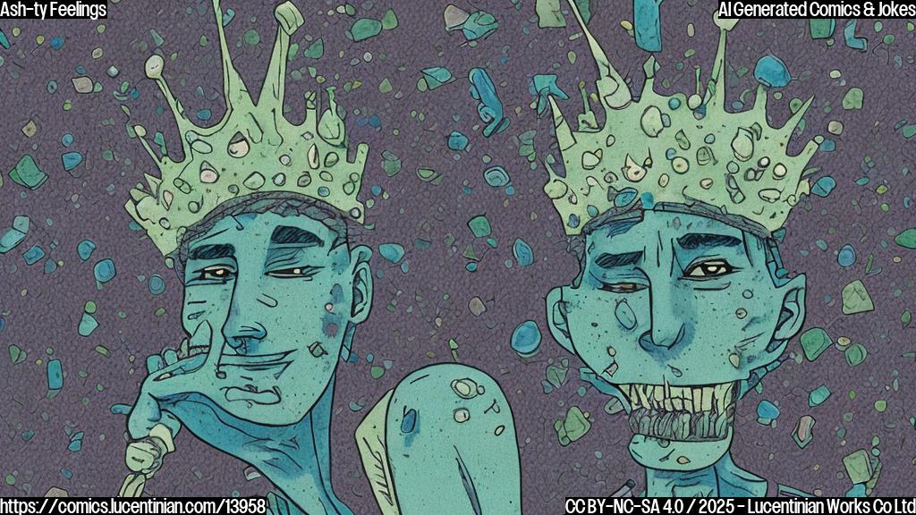 A cartoon-style image of a humanoid figure with a mix of blue and green skin, wearing a crown made of ashes, sitting on a therapist's couch with a confused expression, surrounded by scattered ash particles.