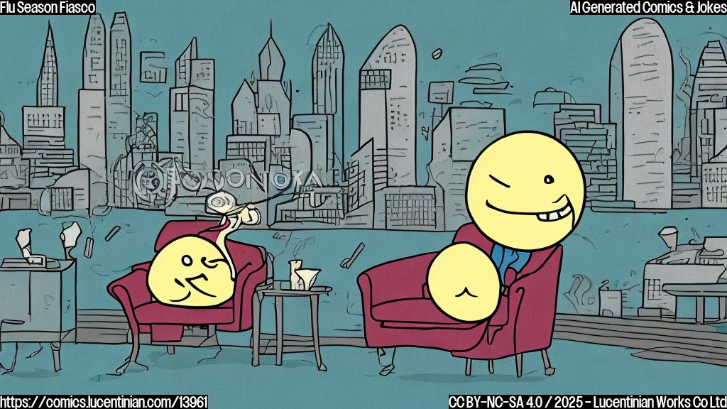 A cartoon of a smiling, anthropomorphic Flu bug sitting on a therapist's couch, with a thought bubble showing a germ-covered cityscape in the background.