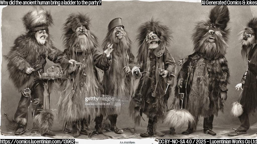 A cartoon of a humanoid figure with a long, shaggy coat and fur-lined hat, holding a ladder and standing next to a party invitation. The human has a worn-out expression on their face, with a few wisps of fur on the edges of their coat. In the background, a group of people in modern attire can be seen laughing and having fun at a party.