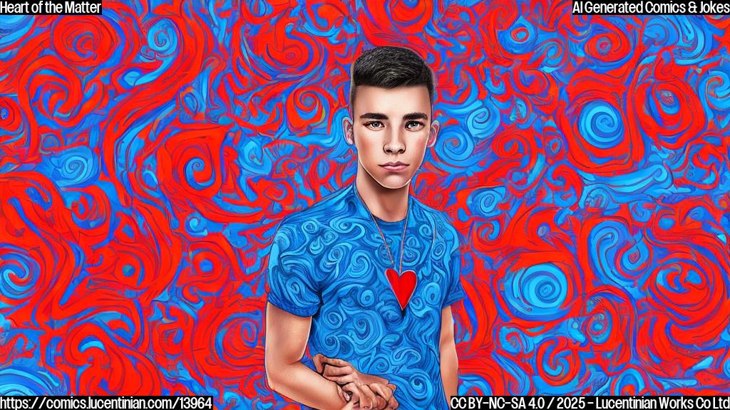 Draw a cartoon style picture of a young man with a heart emoji on his chest, surrounded by red and blue swirls, with a confused expression on his face.