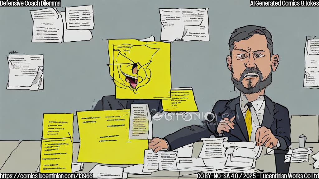 A cartoon of a person (representing Kyle Whittingham) searching through papers and notes, with a confused expression on their face. In the background, there is a large whiteboard filled with diagrams of defensive strategies, with a few crossed-out sections indicating unsuccessful hires. The person's search is highlighted in a yellow highlighter, as if they are actively looking for someone who can fit the bill.