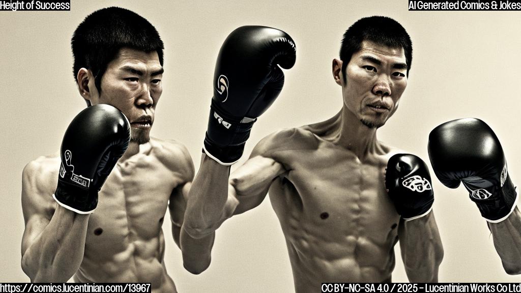A tall boxer with a confident expression stands in front of a boxing ring, holding onto a rung of a ladder. The background is blurred, focusing on the character's figure. Inoue wears his signature gloves and has a determined look on his face, as if he's ready to take on any challenge.