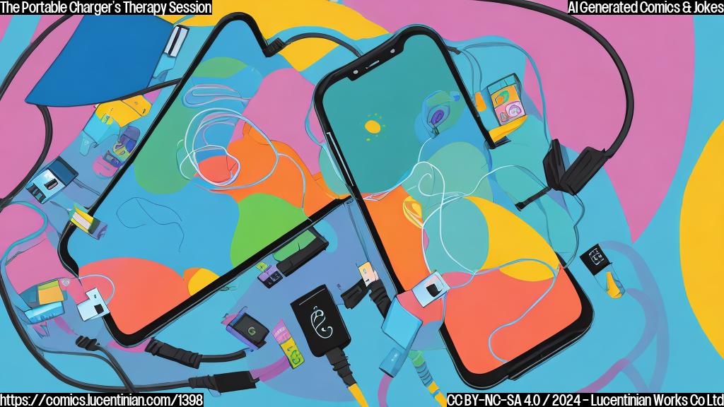 A colorful cartoon of a smartphone with a sad expression, surrounded by portable chargers, cables, and other tech accessories. The phone is holding a thought bubble with the words "I'm feeling drained" written inside.