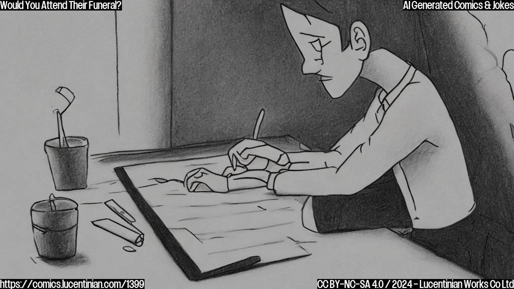 Draw a simple cartoon of a person (the singer) writing on a phone or computer, with a faint hint of a mournful atmosphere in the background. The text on the screen should be "If I died, would you come to my funeral…?""