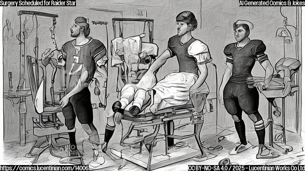 Draw a plain color cartoon style picture of a football player on a medical examination table, holding a ladder in one hand and wearing an athletic helmet in the other.