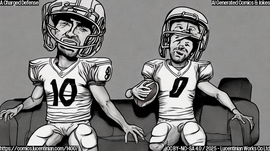 Image of a cartoonish football player wearing a helmet with a bandage on one eye, sitting on a therapist's couch looking dejected