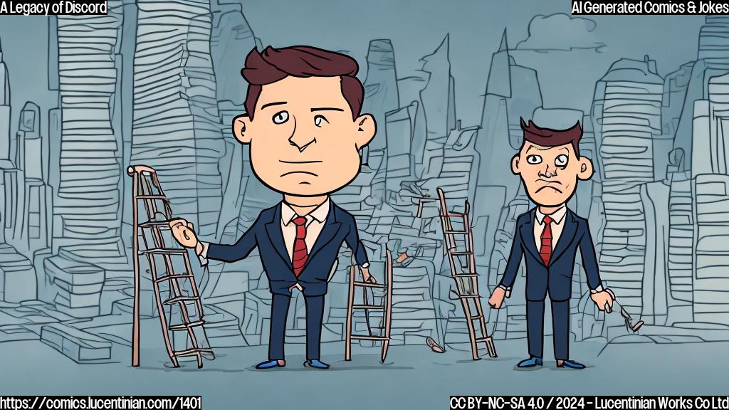 Illustrate a cartoon character wearing a suit and holding a ladder, standing in front of a divided cityscape with regulators on one side and crypto firms on the other. The character's face should have a mix of confusion and frustration.