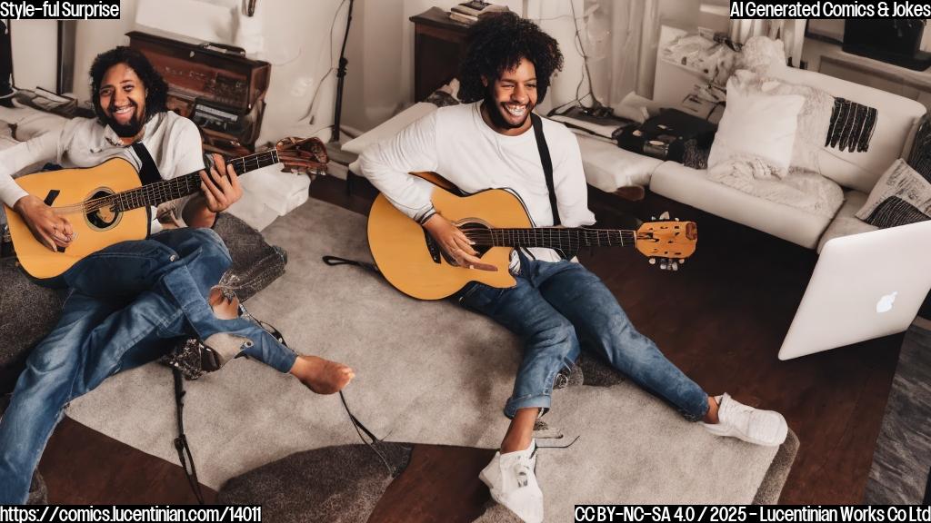 A person sitting on a couch with a guitar, wearing a casual outfit and smiling at the camera, surrounded by music sheets and a laptop with a YouTube logo. The guitarist is holding their instrument with excitement, as if it's being revived from a long slumber.