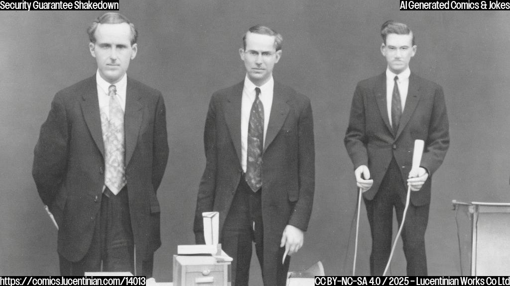 A man in a suit and tie, standing in front of a podium, holding a small step stool with a serious expression. His counterpart, also in a suit, stands opposite him, looking slightly amused.