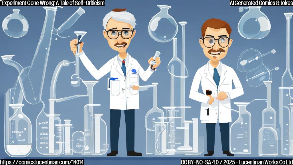 Draw a simple cartoon-style illustration of a scientist in a lab coat holding a clipboard with a critical expression, surrounded by beakers and test tubes with scribbled notes about a new species. The background should have a faint image of a creature that looks like a mix between different biological organisms, but with a scowl on its face.