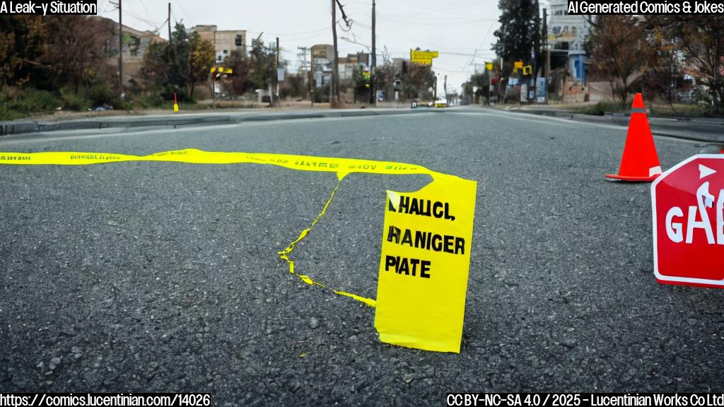 Colorful cartoon of a smiling, human-shaped gas pipe with a thought bubble above it, surrounded by caution tape and warning signs outside a city street. The pipe should be positioned in front of a closed-off highway, with nearby buildings and trees in the background.