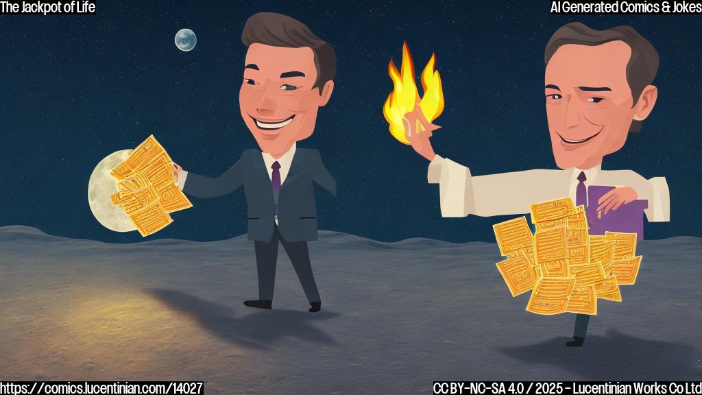 Colorful text describing a smiling man holding a briefcase full of cash and money bags with a sad face on the moon with a subtle flame in the background.