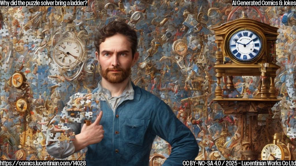a human figure with a puzzled expression standing on a step stool, surrounded by puzzle pieces and a clock in the background