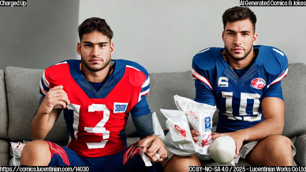 A football player sitting on a couch, looking sad and holding an AFC jersey with a "defeated" expression, surrounded by empty energy drink cans.