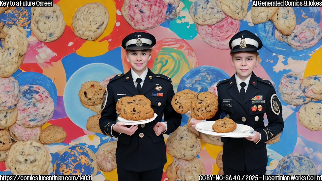 A young person in uniform holding a plate of cookies, with a determined look on their face and a briefcase in hand, standing in front of a colorful background with military gear and equipment.
