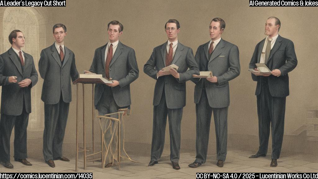 A group of people stand around a podium, with one person standing on a small step stool or a ladder, wearing a suit and holding a scripture. The background is a simple, muted color.