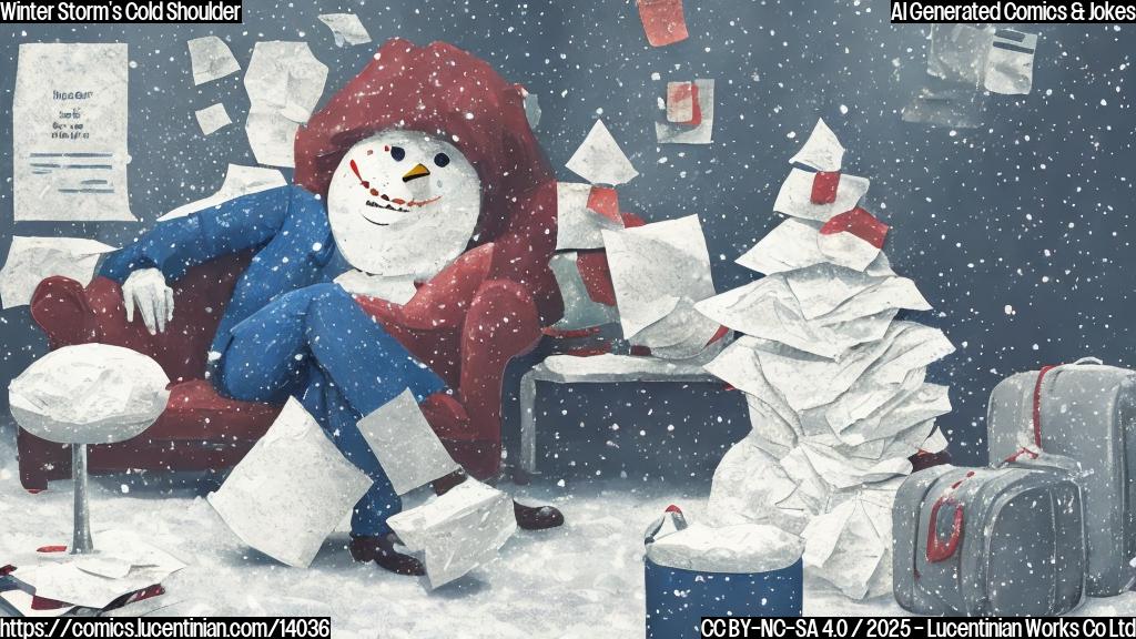 A snow-covered figure with a frowning face, sitting on a therapist's couch, surrounded by snowflakes and scattered papers, with a few airport bags in the background.