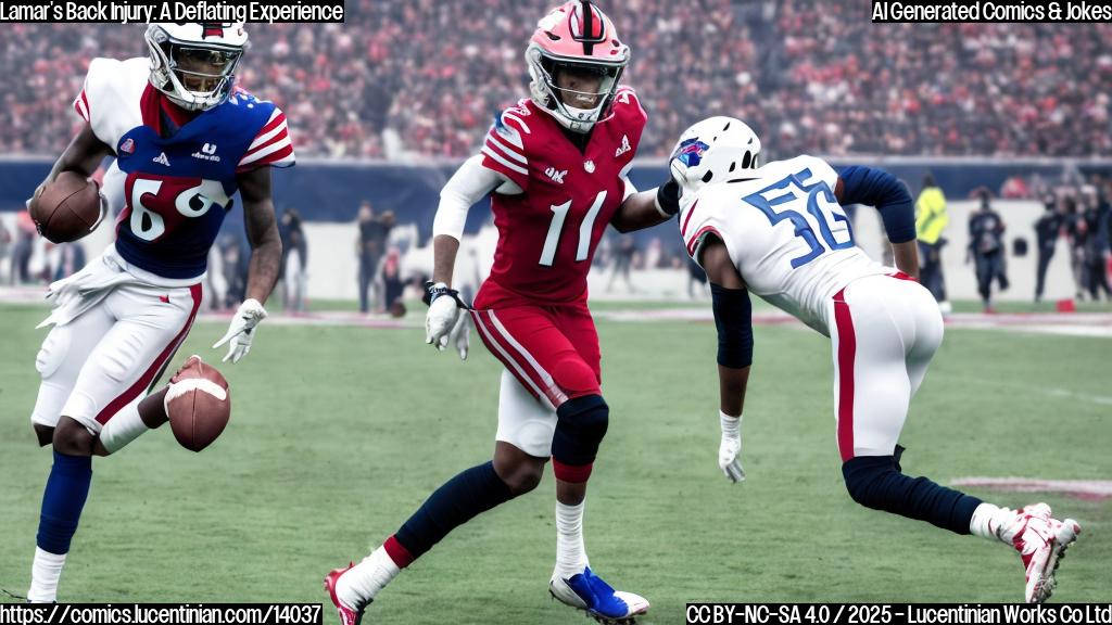 A cartoon-style image of Lamar Jackson with a deflated football in his hand, surrounded by therapy notes and a worried expression. Include a subtle hint of a football field in the background, with some faint scratches to indicate the injury.