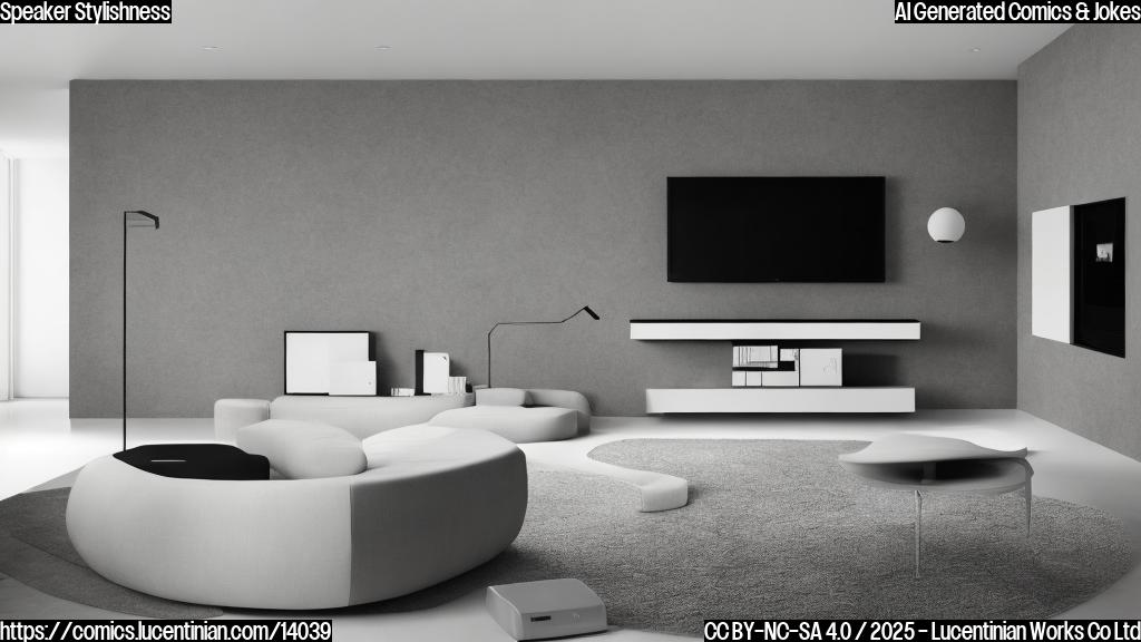 A sleek, minimalist home with a futuristic speaker system. The speaker has a stylish design with clean lines and a subtle curve. It is positioned in a corner of the room, surrounded by modern furniture with a neutral color palette.