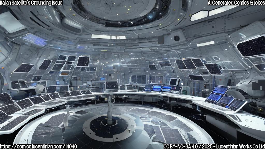 A spacecraft with a shiny metallic body, a long cylindrical antenna on top, and a series of solar panels on its sides is seen in a futuristic control room filled with computers and monitoring screens. The background is a sleek, modern space station with several modules and engines visible.