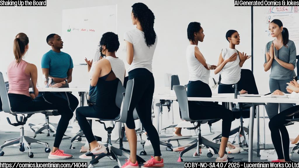A group of people wearing yoga pants and athletic shoes are seated in a conference room, with one person standing up in front of them. The person standing up has a determined look on their face, while the others seem surprised or skeptical. There is a table behind the person with a whiteboard and markers.