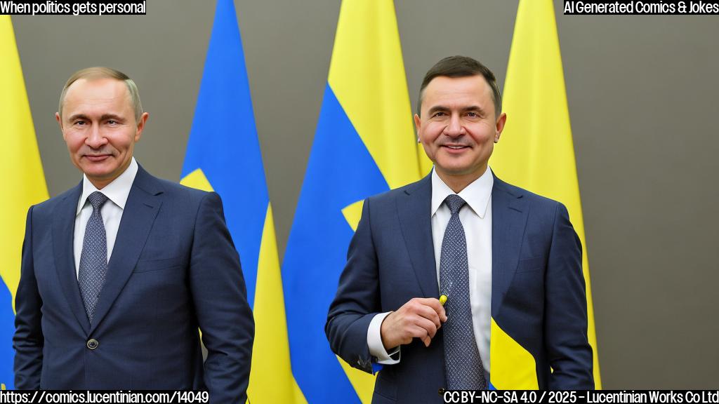 A stern-looking politician with a friendly smile is holding a pen and standing in front of a Ukrainian flag. The politician is wearing a suit and has a hint of fatigue on their face, while still maintaining an air of confidence. In the background, there's a subtle image of Ukraine and Russia borders with a faint 'X' marked through them, symbolizing a desire for peace. The overall tone should convey a sense of sincerity and commitment to stability.