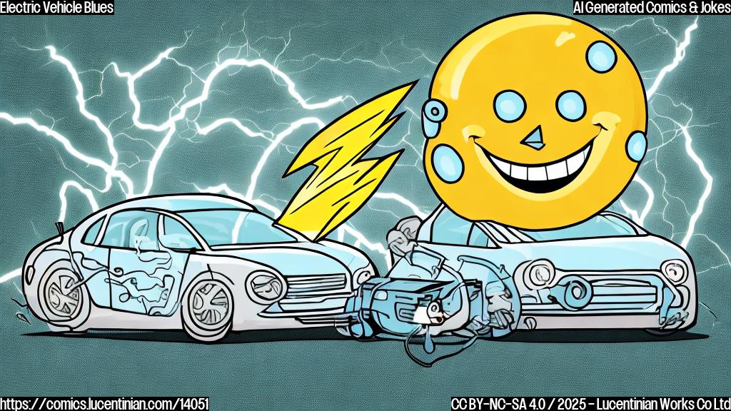 A cartoon of a smiling electric car with a thought bubble, surrounded by lightning bolts and a battery icon, sitting on a therapist's couch with a puzzled expression.
