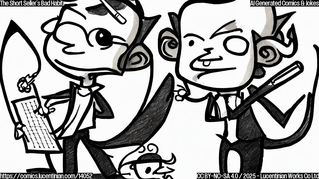 Draw a simple cartoon of a person with a frown, holding a spreadsheet and a pen, with a tiny devil on their shoulder.