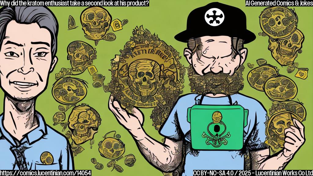 A cartoon style image of a person holding a bag of kratom, with a thought bubble showing a skull and crossbones symbol, surrounded by warning signs and a FDA logo