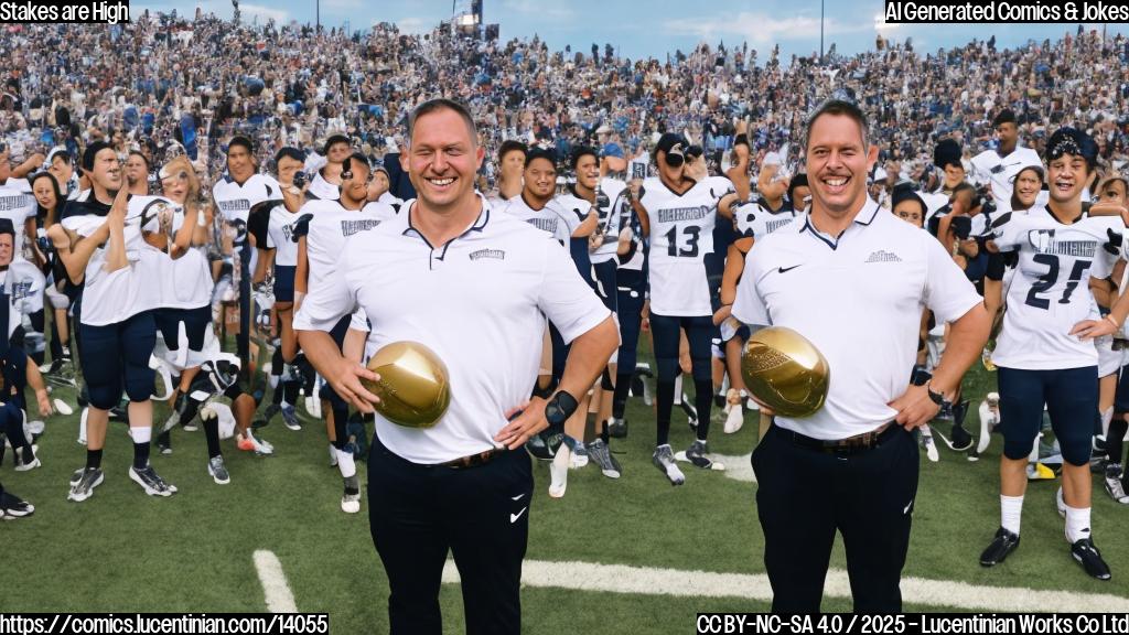 A confident coach with a big smile, standing in front of a football field with a championship trophy and a team cheering in the background, while a smaller coach with a worried expression stands nearby.