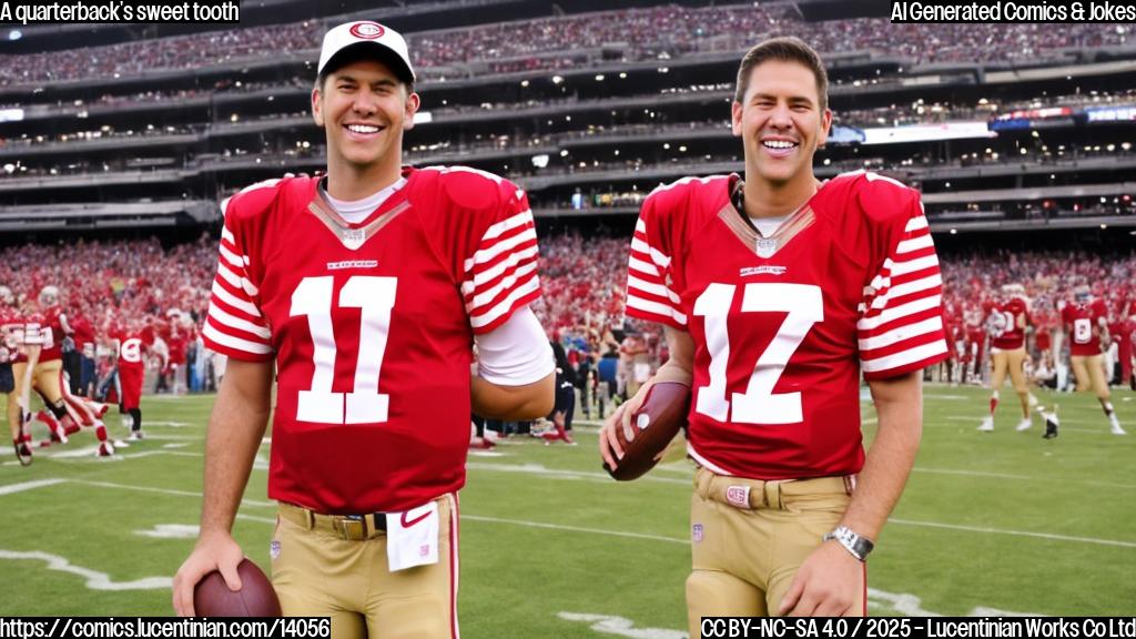 A smiling quarterback with a big smile, wearing a San Francisco 49ers jersey, holding a football and standing on a football field. The football should be deflated, with a hint of a smile on its surface.