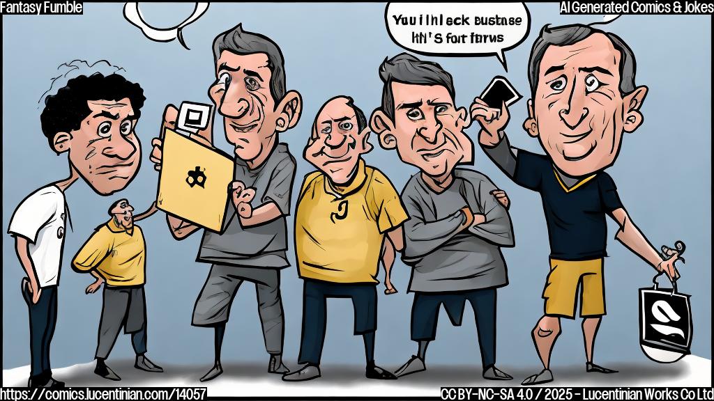 Draw a cartoon of a football coach with a puzzled expression, standing next to a player who is holding a tablet with a fantasy football lineup on it. The player should have a speech bubble with the words "I think you're just trying to sack the league's rules!" written in it.