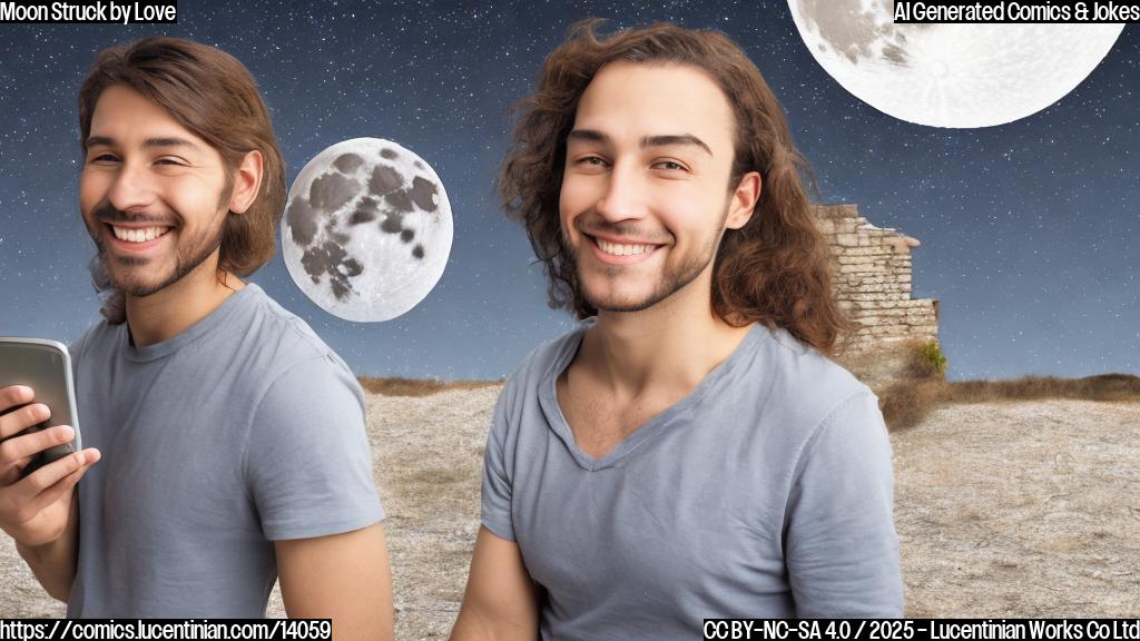 Aries person with a phone, smiling and leaning against a wall, with the full moon visible through a window behind them.