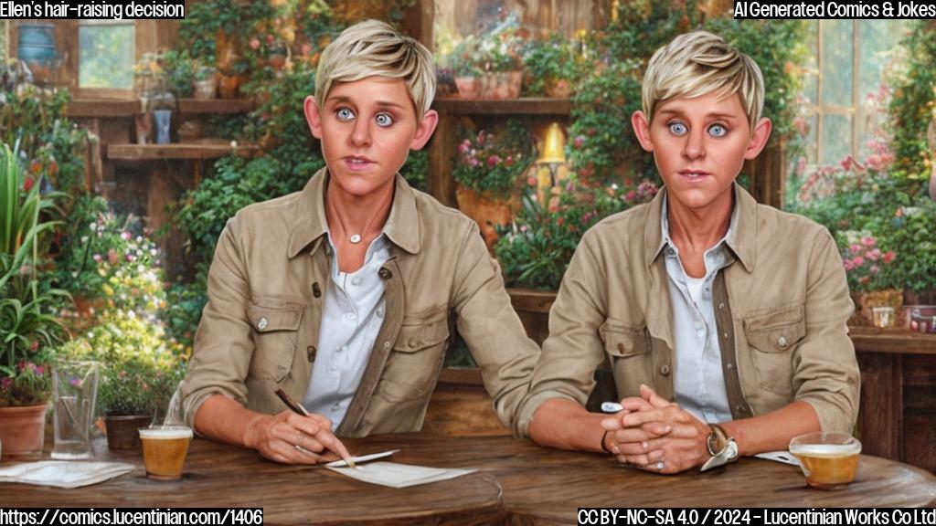 Draw a cartoon of Brunette Ellen DeGeneres with a messy, brown haircut, sitting at a wooden table in a rustic UK pub, surrounded by potted plants and having a contemplative expression on her face. Portia de Rossi should be standing beside her, looking concerned, but smiling. The background should have a warm, cozy atmosphere with soft lighting.