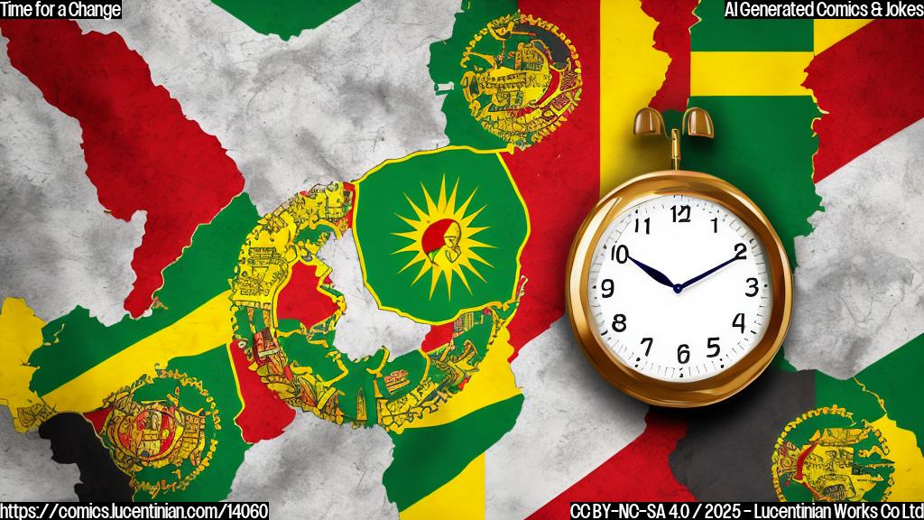 A cartoon of a clock striking 13 with a smile, surrounded by Somaliland's flags and a map of Africa in the background.