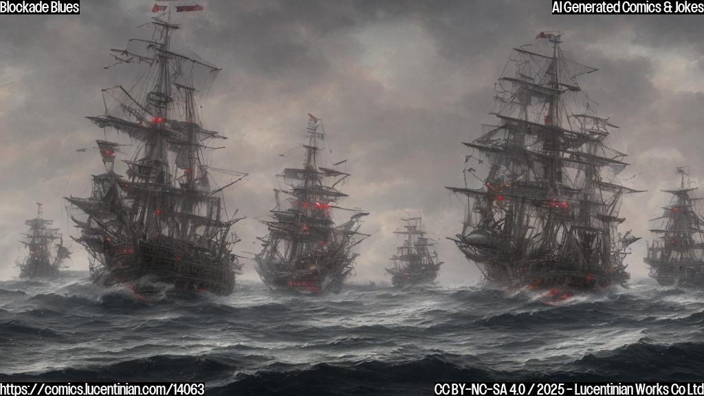A large, grey warship with a series of red and blue lights on its bridge, surrounded by a fleet of smaller ships in the background. The warship's hull is adorned with intricate, Asian-inspired carvings, and its sails are fluttering in the wind as it navigates through treacherous waters.