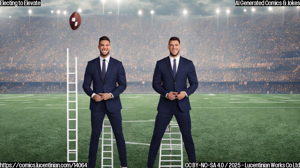 A cartoon of a football player standing on top of a ladder, wearing a suit and tie, with a confident expression on its face. The background is a blurred football field with a few players in the distance.