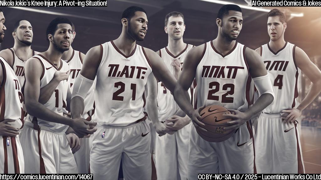 Generate an image of a basketball player, male, with a knee injury, limping towards the locker room while his teammates look on in concern. The background should be a basketball court at sunset, with the Miami skyline visible through the window.