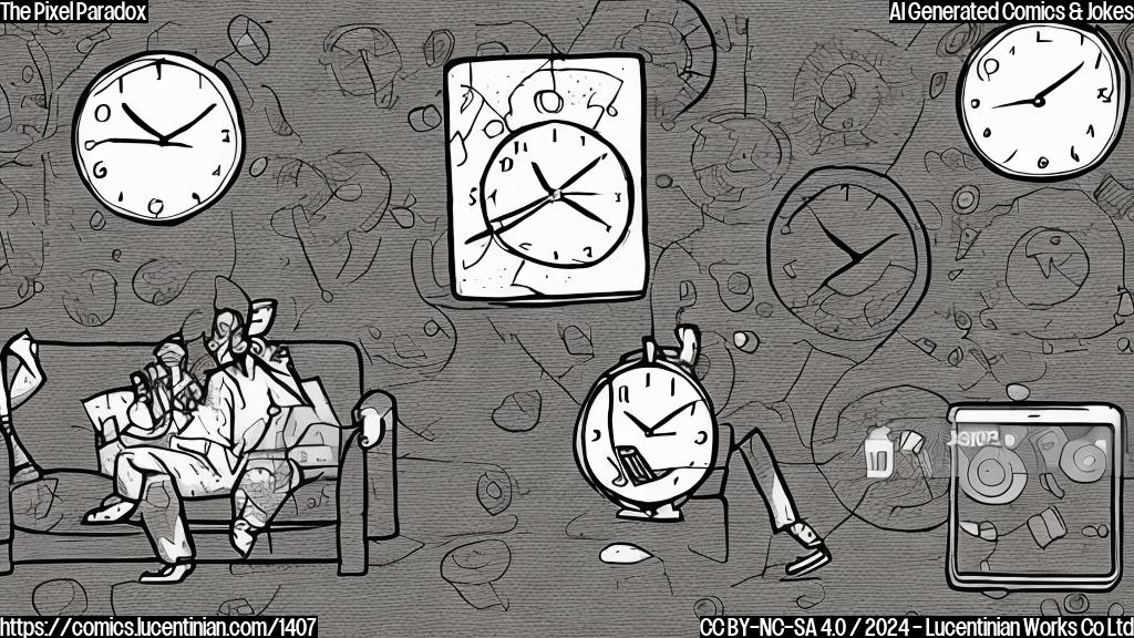 Draw a cartoon of a person sitting on a couch, looking confused, with a broken tablet screen in front of them. The person is surrounded by three clocks, each with a different time displayed (e.g. 1 year, 2 years, and 3 years). The background should have a subtle grid pattern to represent the tablet's form factor.