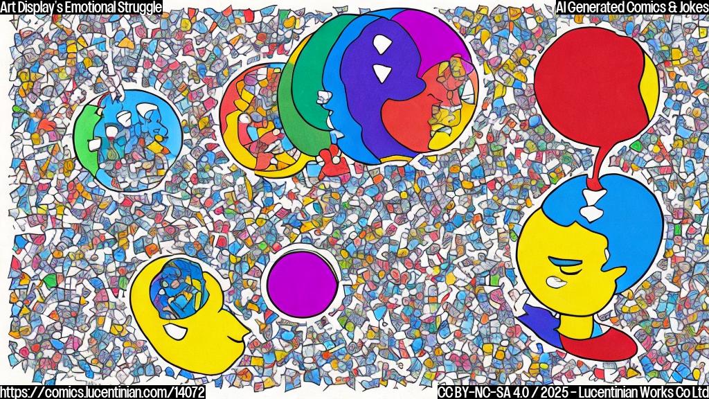 A simple, colorful cartoon-style drawing of a sleek, modern art display with a thought bubble above it, showing a person holding an emotional puzzle piece. The background should be a minimalist living room setting with a couch and some empty space for the artwork to be displayed.