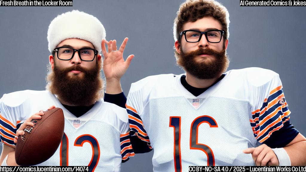 A young football quarterback with a beard and glasses, wearing a Chicago Bears jersey, is shown exhaling a cloud of white gas while standing in front of a white background.