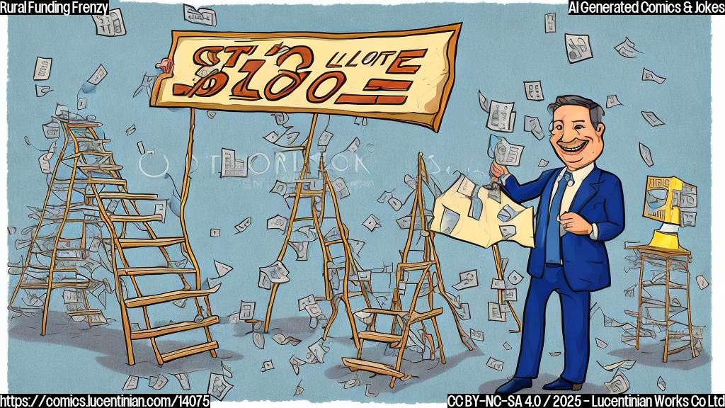 A cartoon-style illustration of a state government official holding a ladder and standing on top of a table, with a big smile on its face and a few dollar signs scattered around it. In the background, a subtle image of a rural hospital can be seen, with a "strings attached" banner hanging from the ceiling.