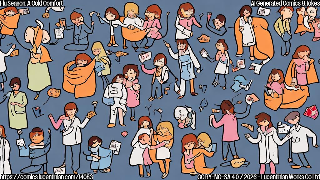 Draw a cartoon of a person snuggled up with a warm blanket, surrounded by sick people who are all getting hugs from the doctor. The background should be a hospital room with a thermometer and medicine bottles nearby.