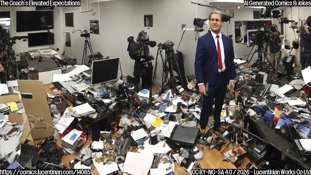 A cluttered office with a ladder leaning against it. A frazzled assistant coach standing next to the ladder, wearing a suit and holding a microphone. In the background, a chaotic scene of reporters and cameras. The ladder has rungs that resemble football fields, and each rung has a tiny football player on it.