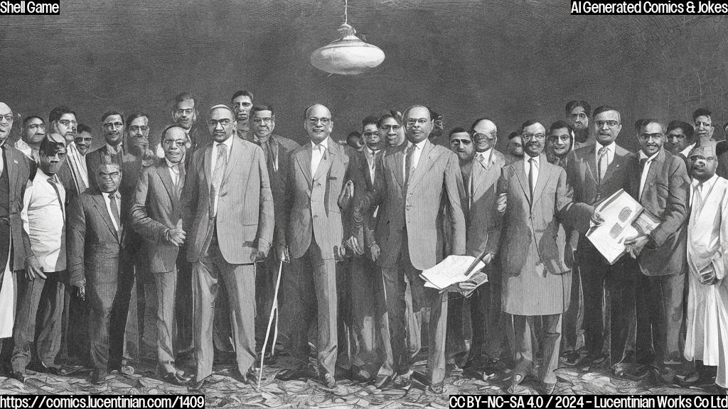 a group of Indian businessmen and politicians surrounded by money, with one of them holding a large clamshell in their hand, surrounded by corrupt documents and symbols of wealth