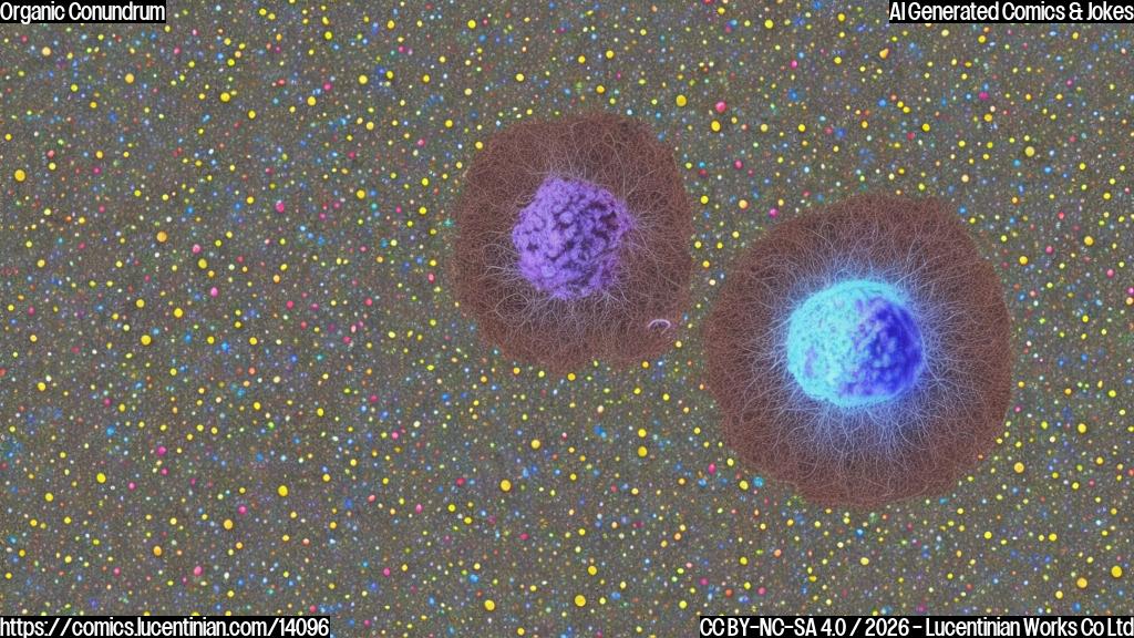 A cluster of human cells resembling a small, rounded blob with a slightly irregular surface and a few branching tendrils emanating from it, surrounded by tiny beads or droplets of liquid.