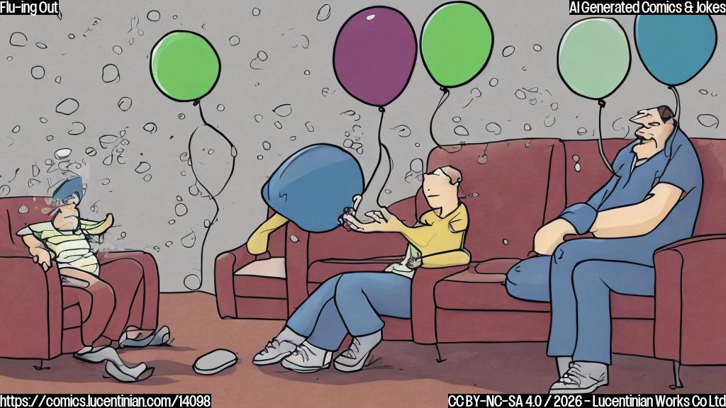 Illustrate a cartoon of a vaccine with a deflated balloon, sitting on a therapist's couch, looking sad and dejected. The background should be a soft, calming color.