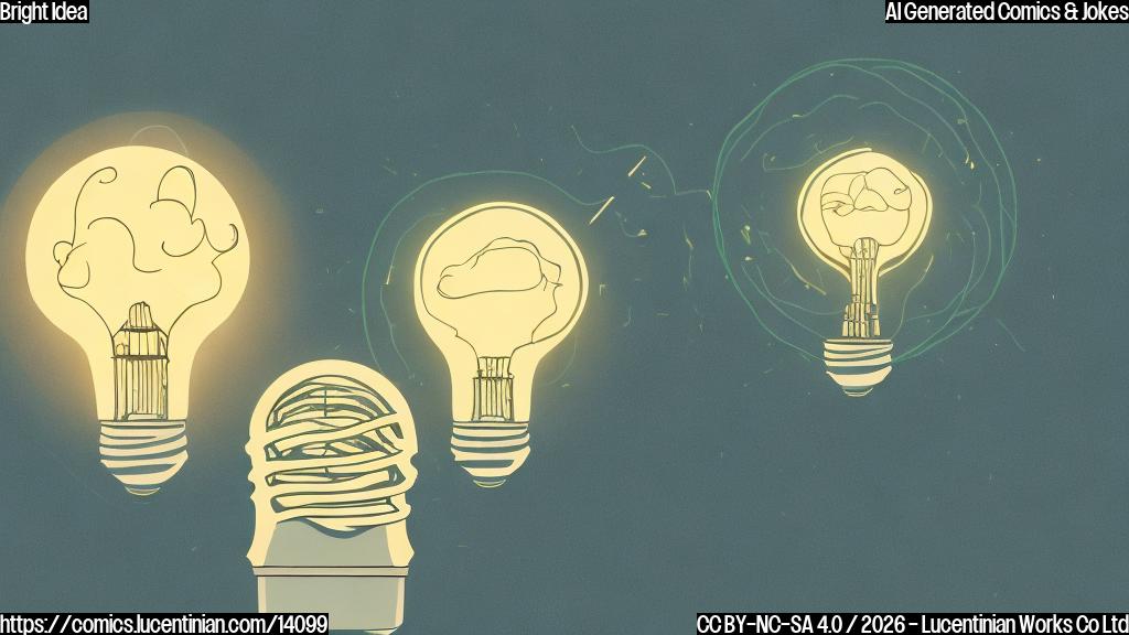 A cartoon style picture of a smiling light bulb with a thought bubble and a projector in the background, both with a cityscape or indoor setting. The light bulb should have a few strands of seaweed-like details coming out from its socket.