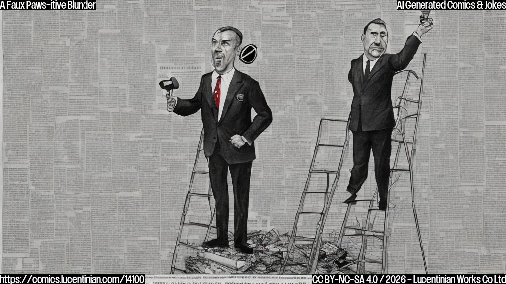 A cartoon of a football coach standing on top of a ladder, with a disappointed expression and a microphone in hand, surrounded by newspaper clippings and a cityscape behind him. The coach's face should convey a mix of determination and self-deprecation.