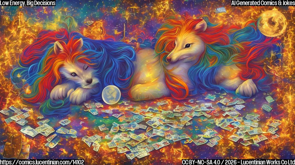 Describe a small, energetic creature with a fiery mane and a stern expression sleeping peacefully under a blanket, surrounded by puzzle pieces and a Monopoly board, with the moon in Cancer shining softly in the background.